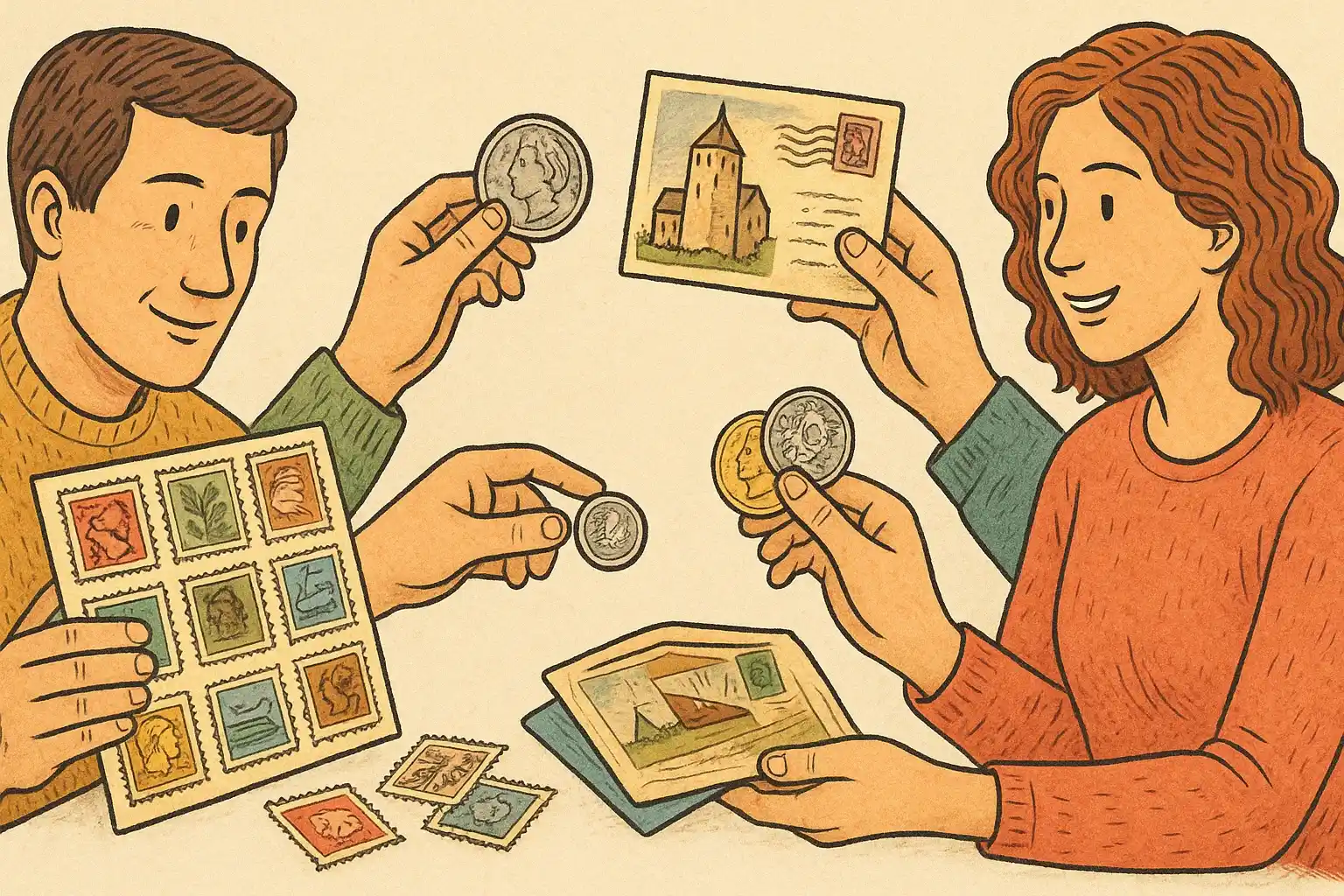 People are exchanging various collectibles: marks, postcards, and coins.