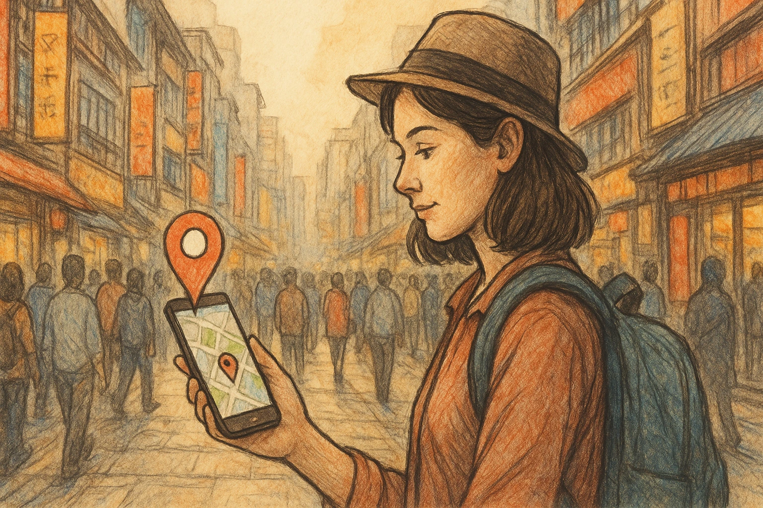 A woman in a bustling city shares her location via the smartphone app.