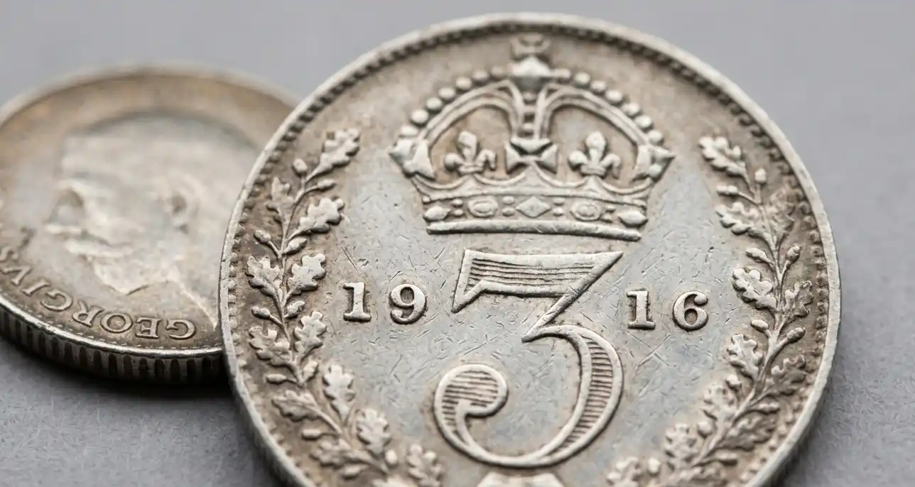 macro close-up of rare British threepence coin showing date clearly